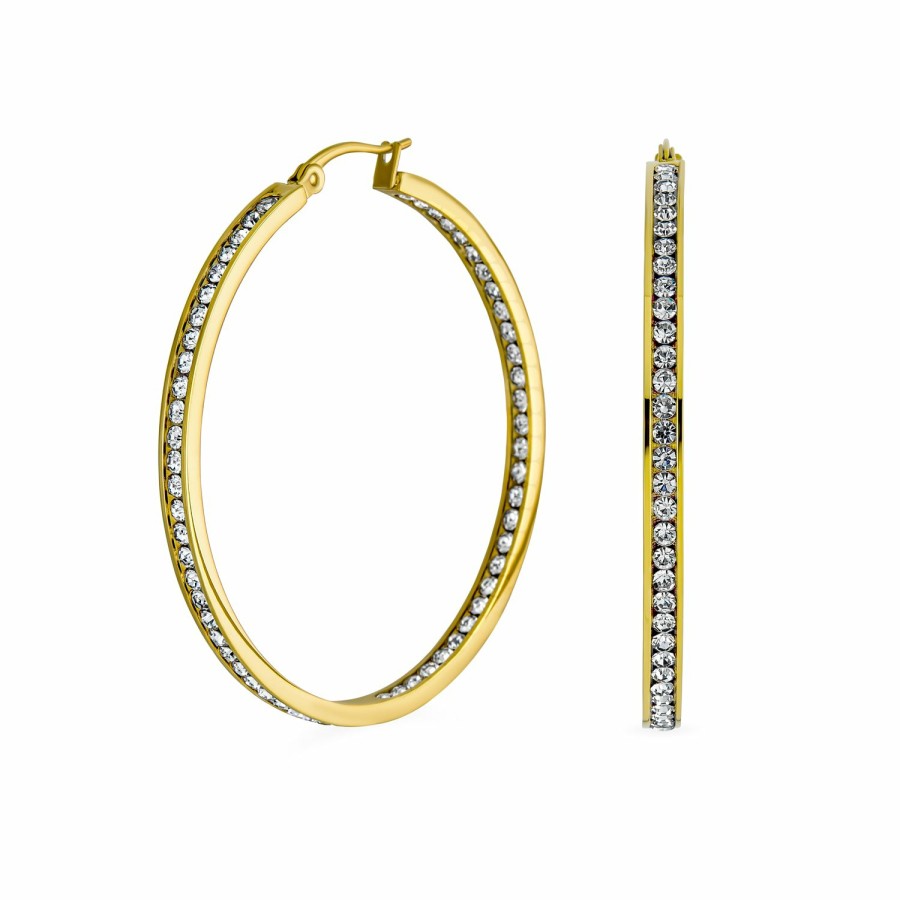 Shop Women Bling Jewelry Hoops Huggies Earrings | Channel Cz Inside Out Hoop Earrings Plated Stainless Steel