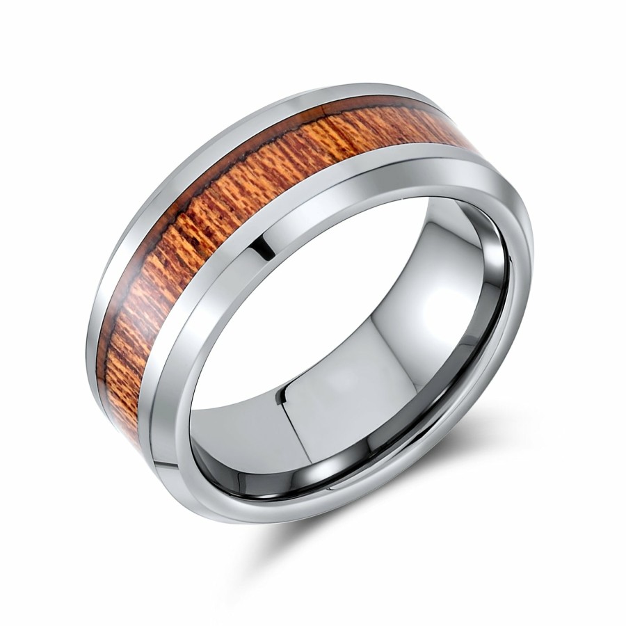 Shop Women Bling Jewelry Engravable Rings | Wide Double Row Koa Wood Inlay Wedding Band Titanium Rings For Men 8Mm