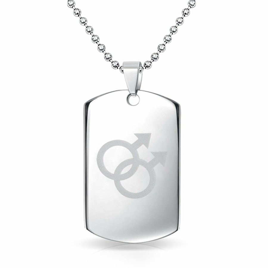 Shop Men Bling Jewelry Mens Pendants & Dog Tags | Gay Pride Dog Tag Pendant Interlocking Male Bead Chain Stainless Steel Silver Tone