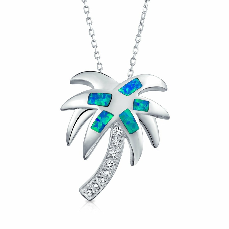 Shop Women Bling Jewelry Pendant Necklaces | Palm Tree Pendant Blue Created Opal Necklace Sterling Silver Chain