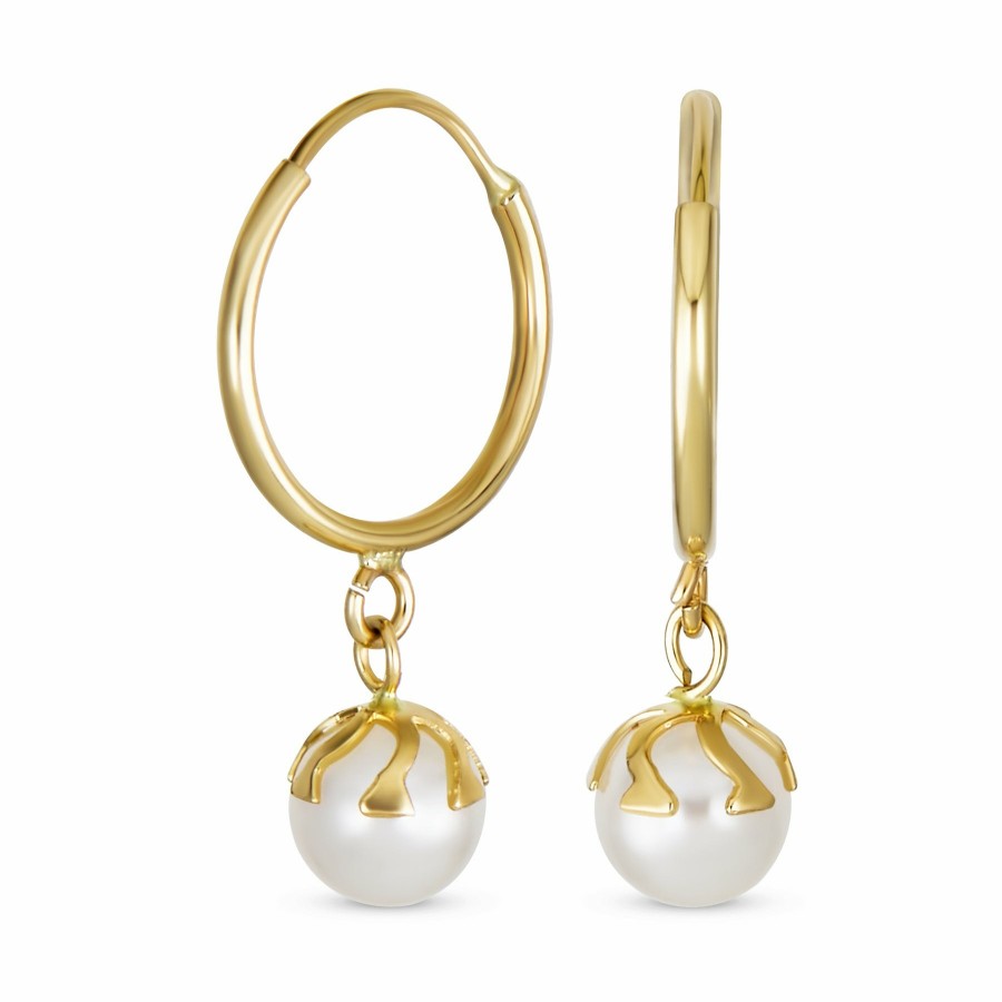 Shop Women Bling Jewelry Hoops Huggies Earrings | Freshwater White Pearl Ball Drop Mini Hoop Earrings Genuine 14K Gold