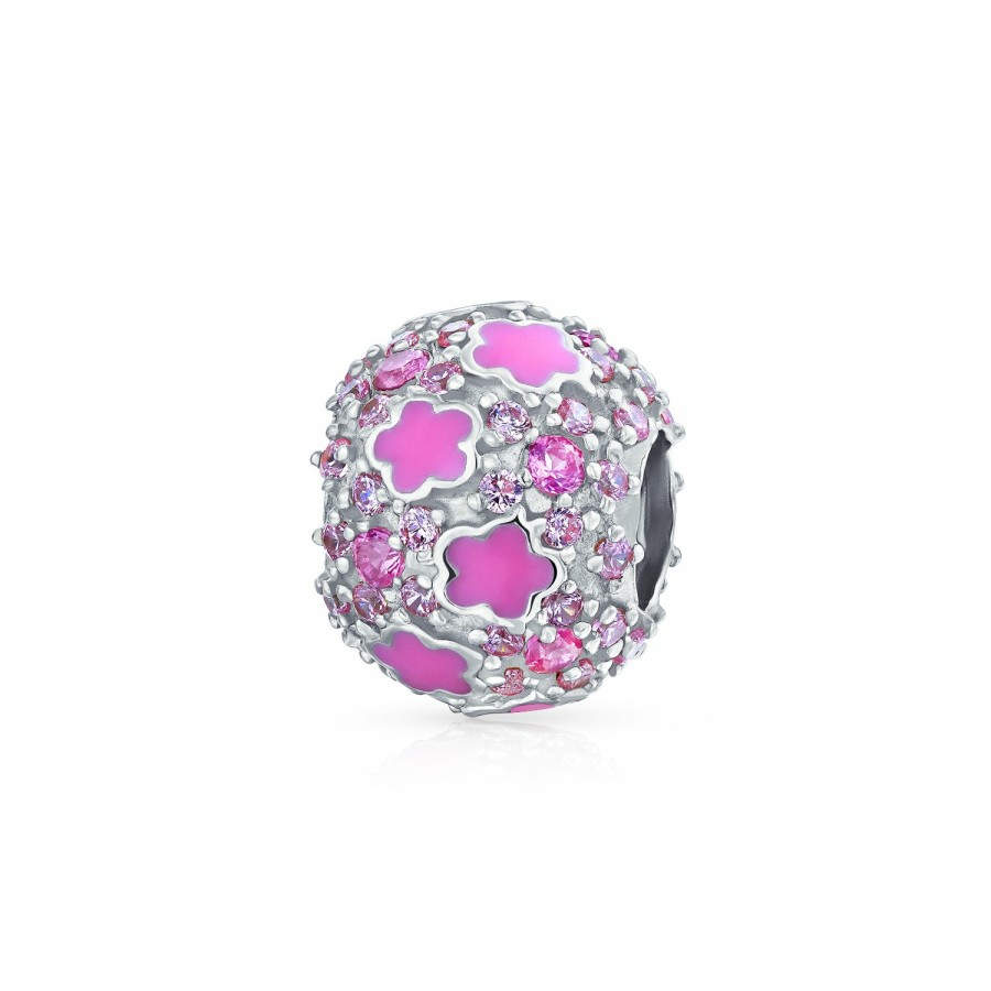 Shop Women Bling Jewelry Unique Charms | 3D Round Barrel Crystal Accent Floral Blue Flowers Charm Bead Silver Pink