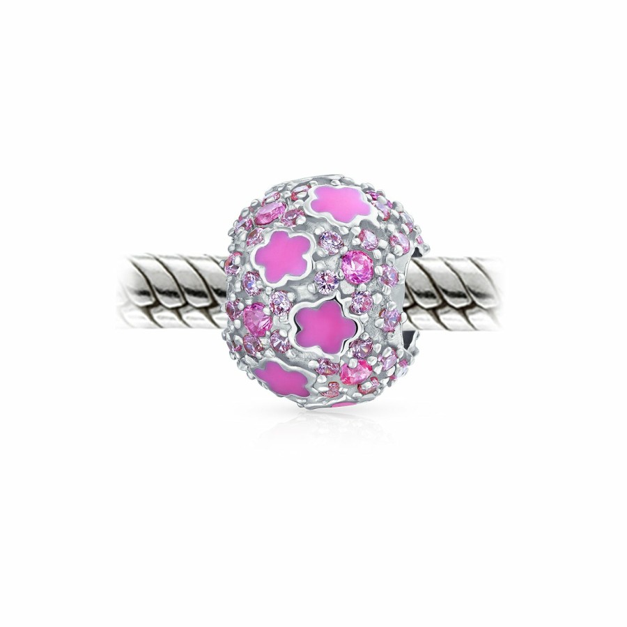 Shop Women Bling Jewelry Unique Charms | 3D Round Barrel Crystal Accent Floral Blue Flowers Charm Bead Silver Pink