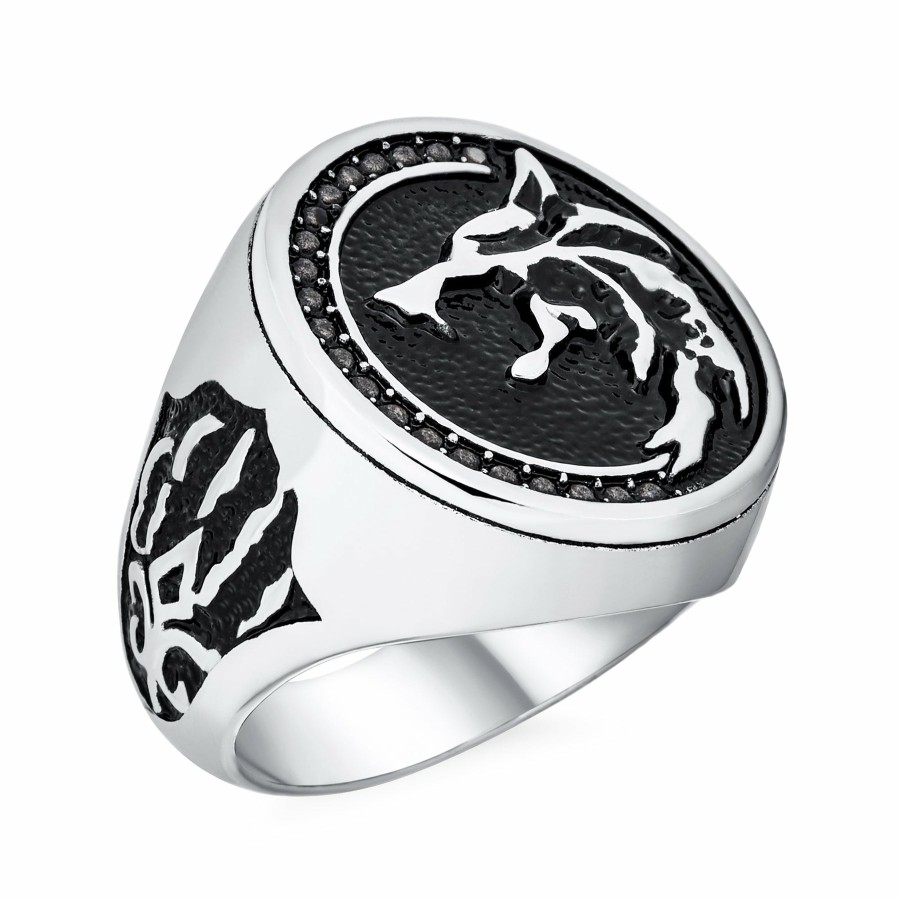 Shop Men Bling Jewelry Mens Rings | Large Animal Coin Signet Roaring Wolf Ring & Tooth Pendant Black Stainless Steel