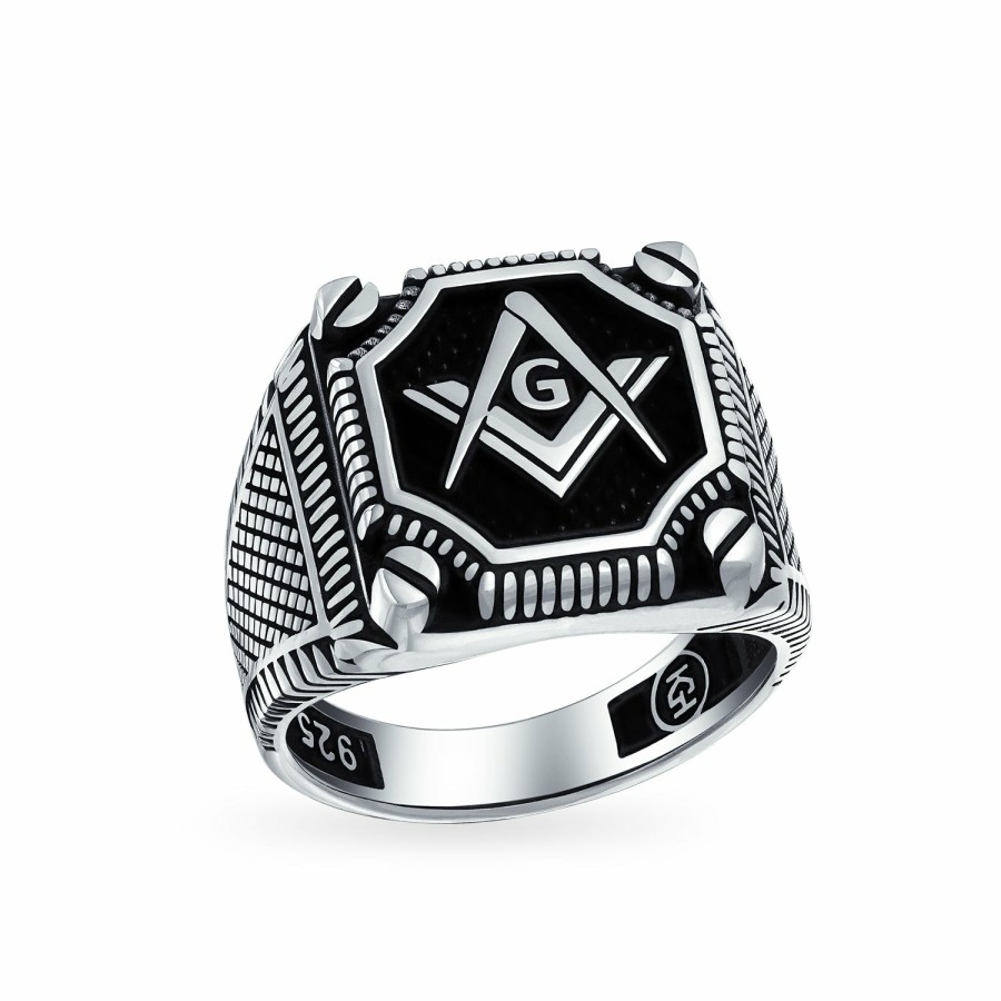 Shop Men Bling Jewelry Mens Rings | Mens Black Large Freemason Masonic Signet Ring Solid 2 Tone .925