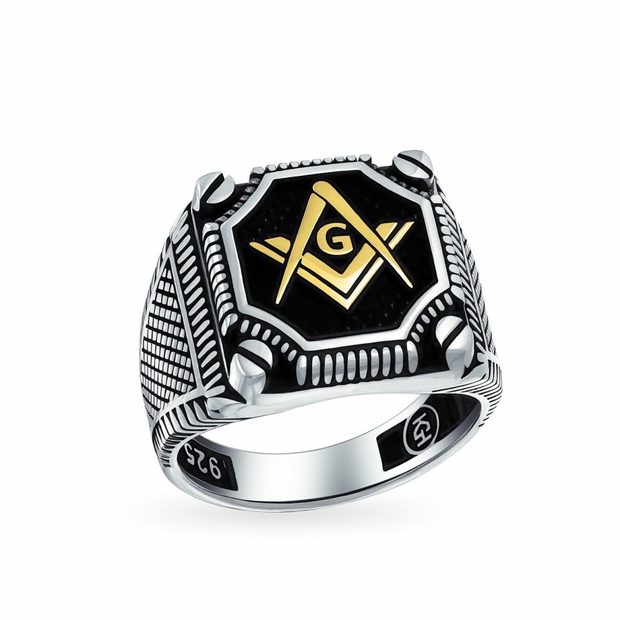 Shop Men Bling Jewelry Mens Rings | Mens Black Large Freemason Masonic Signet Ring Solid 2 Tone .925