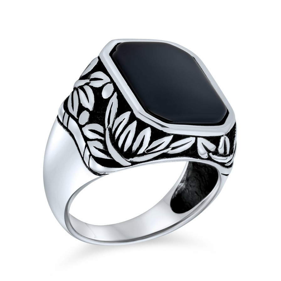 Shop Men Bling Jewelry Mens Engravable Rings | Mens Vintage Style Leaf Vine Accent Black Rectangle Onyx Signet Ring Black Onyx