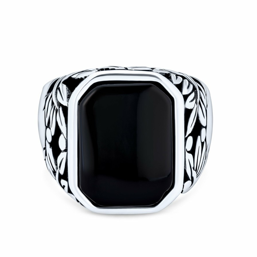 Shop Men Bling Jewelry Mens Engravable Rings | Mens Vintage Style Leaf Vine Accent Black Rectangle Onyx Signet Ring Black Onyx