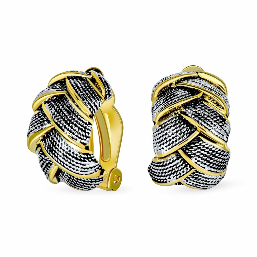 Shop Women Bling Jewelry Clip On Earrings | Two Tone Woven Braided Basket Weave Hoop Clip Earrings Silver Gold