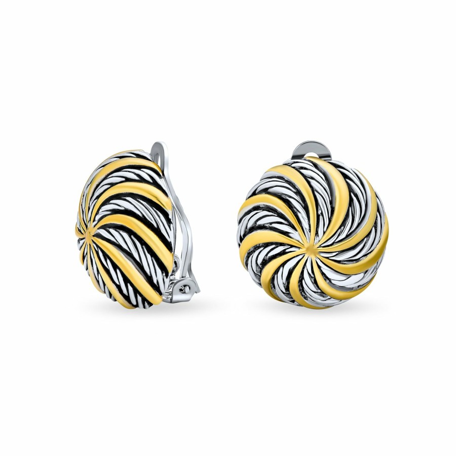 Shop Women Bling Jewelry Clip On Earrings | Swirl 2 Tone Round Button Clip On Earrings Black Sliver Gold Plated