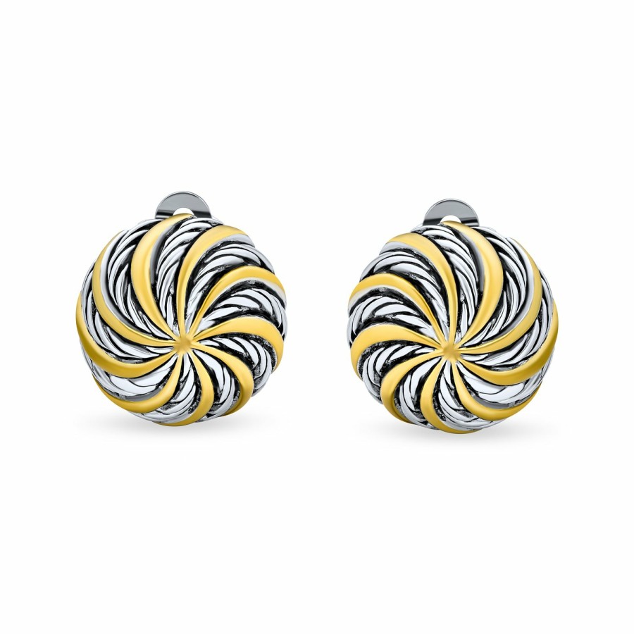 Shop Women Bling Jewelry Clip On Earrings | Swirl 2 Tone Round Button Clip On Earrings Black Sliver Gold Plated