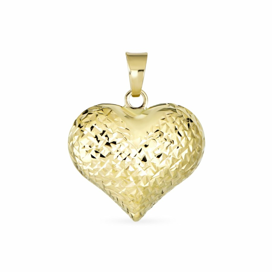 Shop Women Bling Jewelry Delicate Pendant Necklaces | Real 14K Yellow Gold Sparkling Diamond-Cut Puff Heart Pendant