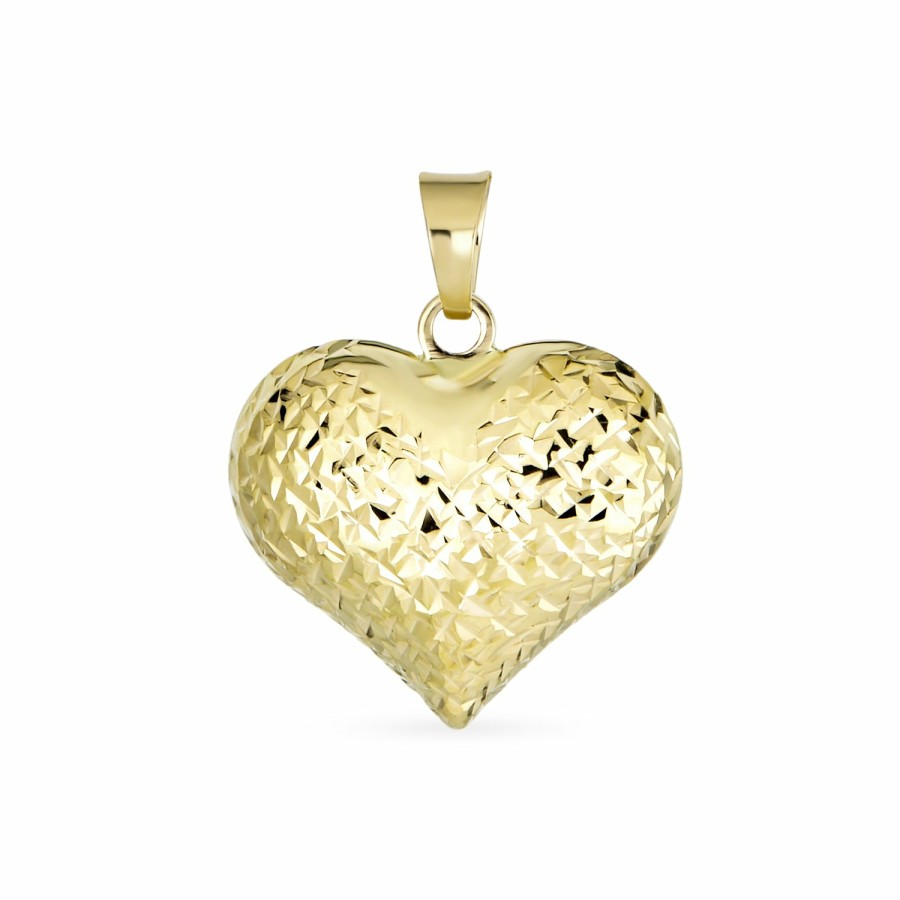 Shop Women Bling Jewelry Delicate Pendant Necklaces | Real 14K Yellow Gold Sparkling Diamond-Cut Puff Heart Pendant