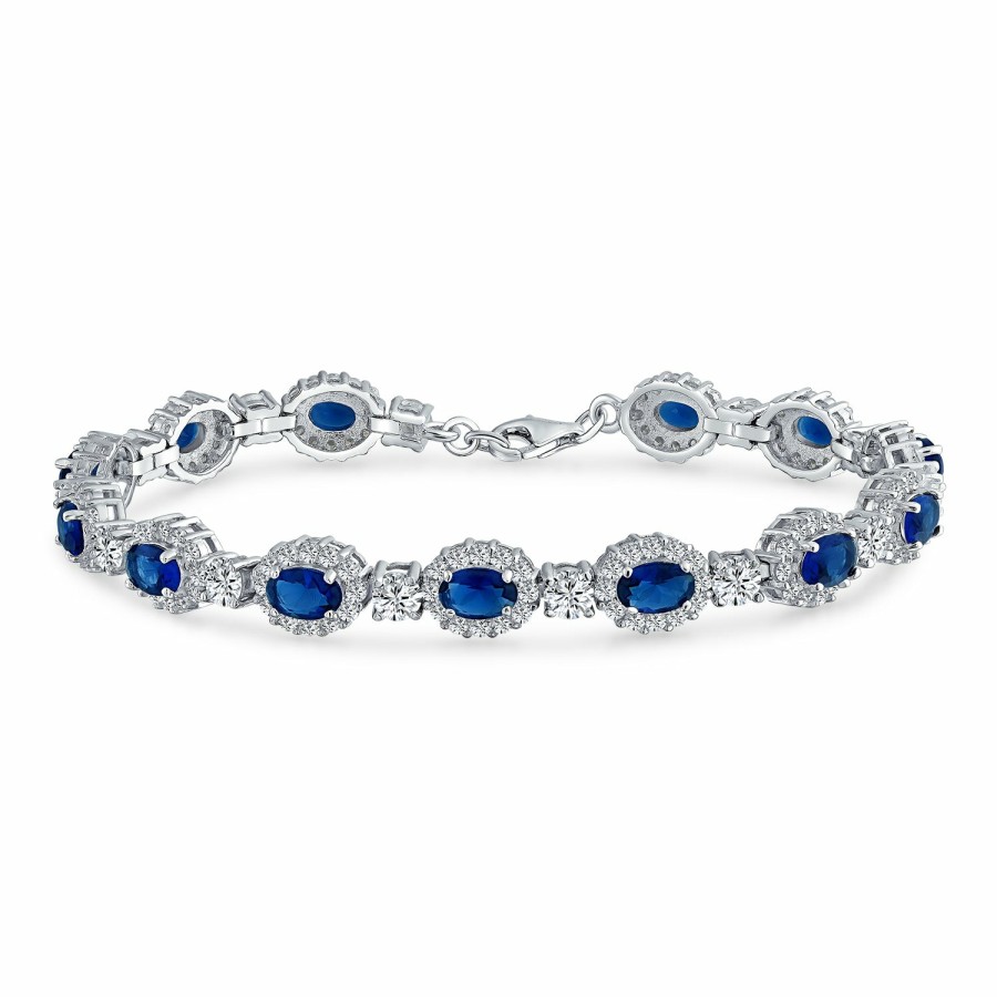 Shop Women Bling Jewelry Tennis Bracelets | Vintage Style Halo Oval Blue Cz Imitation Sapphire Bracelet .925 Silver