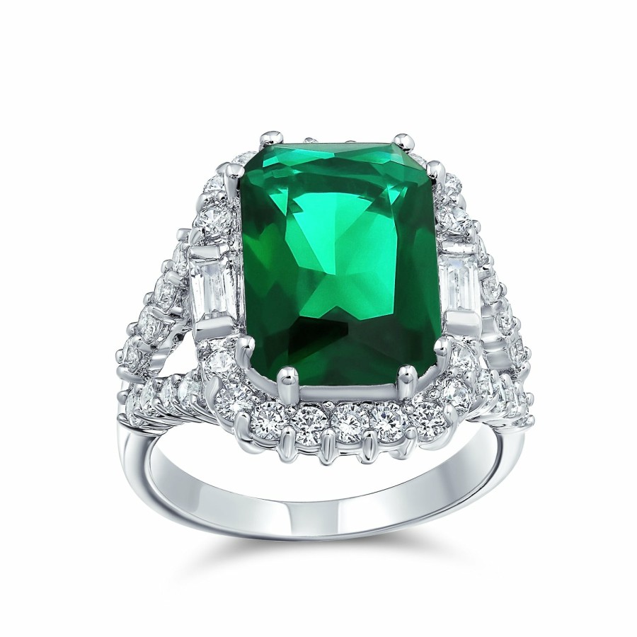 Shop Women Bling Jewelry Engravable Rings | Solitaire Cz Imitation Emerald Green Statement Ring Silver Plated