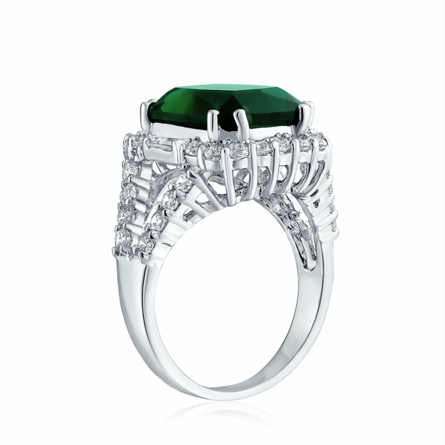 Shop Women Bling Jewelry Engravable Rings | Solitaire Cz Imitation Emerald Green Statement Ring Silver Plated