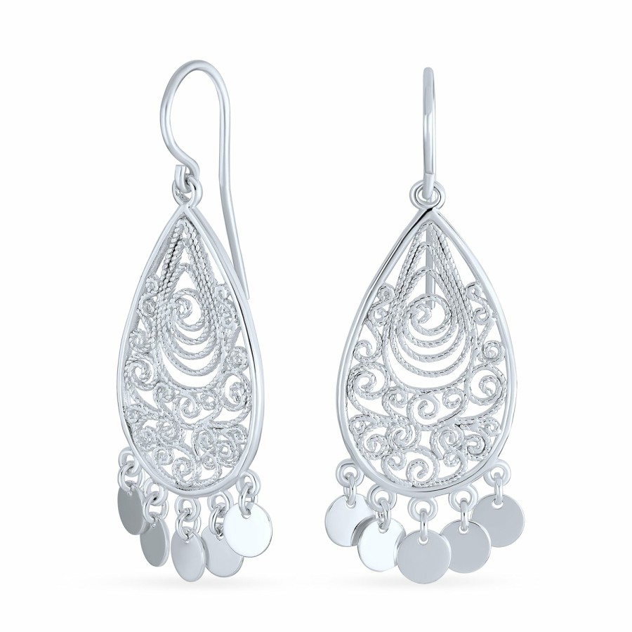 Shop Women Bling Jewelry Dangle Drop Earrings | Boho Filgree Swirl Long Dangling Teardrop Earrings 925 Sterling