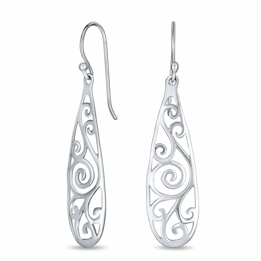 Shop Women Bling Jewelry Dangle Drop Earrings | Boho Filgree Swirl Long Dangling Teardrop Earrings 925 Sterling