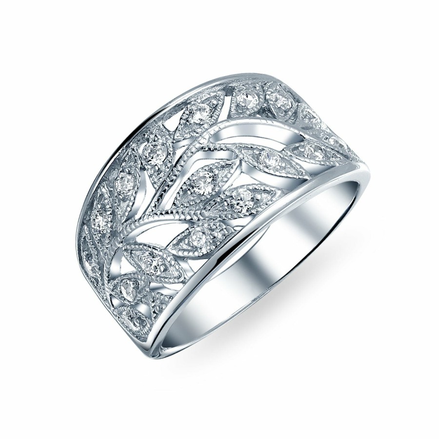 Shop Women Bling Jewelry Engravable Rings | Boho Pave Open Filigree Wide Leaves Leaf Band Ring .925 Sterling Silver