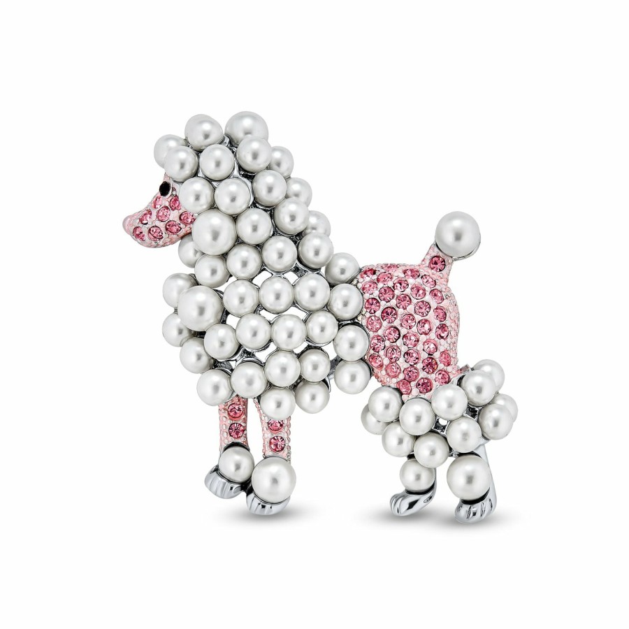 Shop Women Bling Jewelry Pins & Brooches | Statement Crystal White Imitation Pearl Pink Dog Poodle Brooch Pin