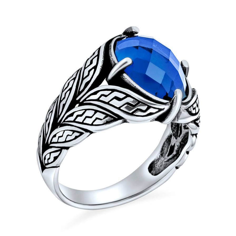 Shop Men Bling Jewelry Mens Engravable Rings | Mens Vintage Style Oval Simulated Sapphire Cz Vine Leaf Band Ring Blue