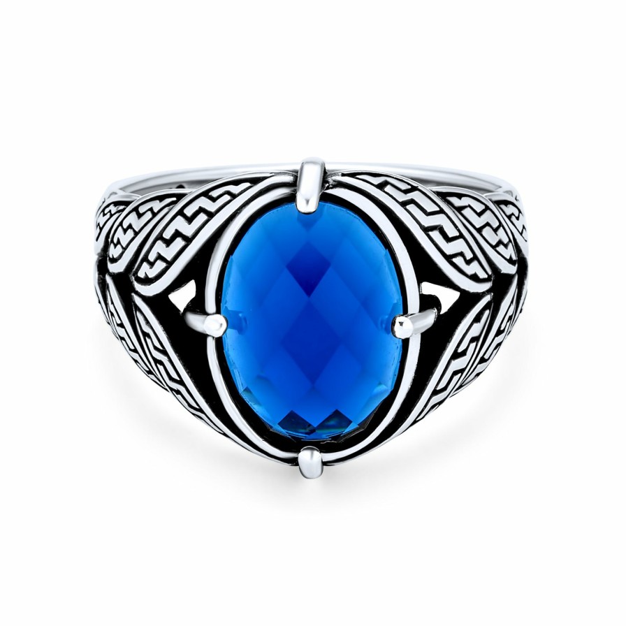 Shop Men Bling Jewelry Mens Engravable Rings | Mens Vintage Style Oval Simulated Sapphire Cz Vine Leaf Band Ring Blue