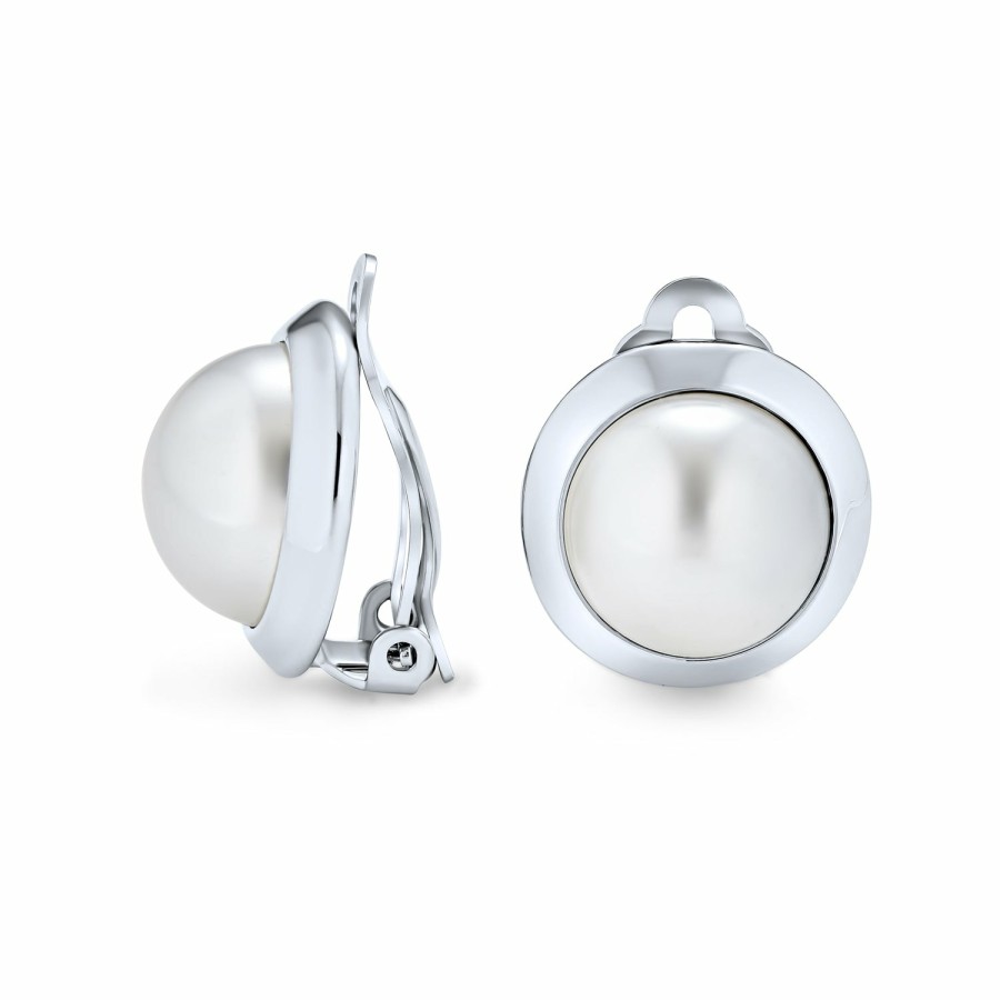 Shop Women Bling Jewelry Clip On Earrings | Simple Button Round Dome Bezel White Imitation Pearl Clip On Earrings