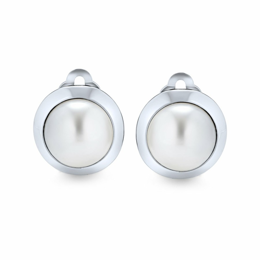 Shop Women Bling Jewelry Clip On Earrings | Simple Button Round Dome Bezel White Imitation Pearl Clip On Earrings