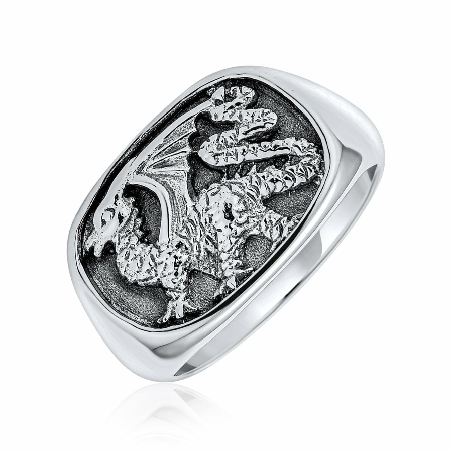 Shop Men Bling Jewelry Mens Rings | Rectangle Men'S Gemstone Winged Dragon Signet Ring Oxidized .925 Sterling