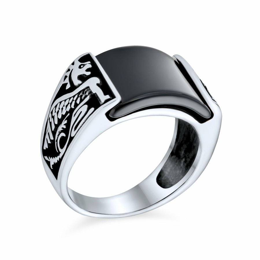 Shop Men Bling Jewelry Mens Rings | Rectangle Men'S Gemstone Winged Dragon Signet Ring Oxidized .925 Sterling