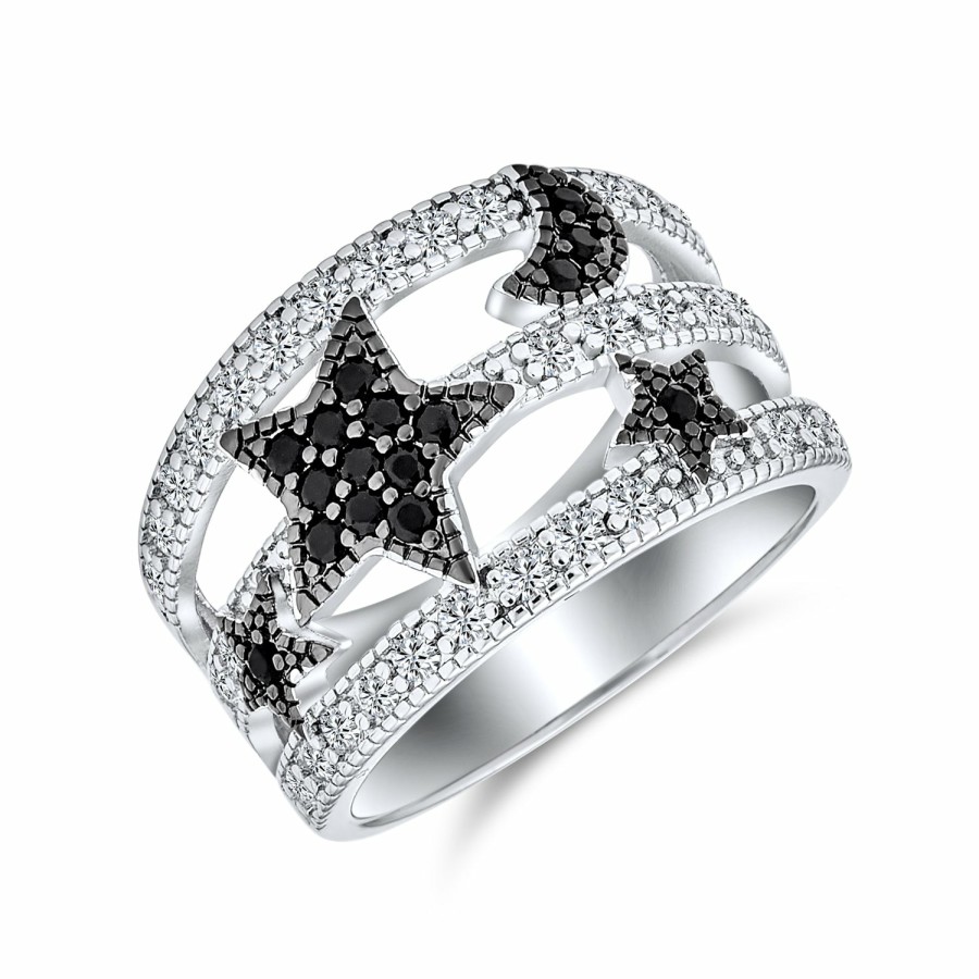 Shop Women Bling Jewelry Engravable Rings | Black White Pave Cz Celestial Moon Star Ring Plated Brass Silver