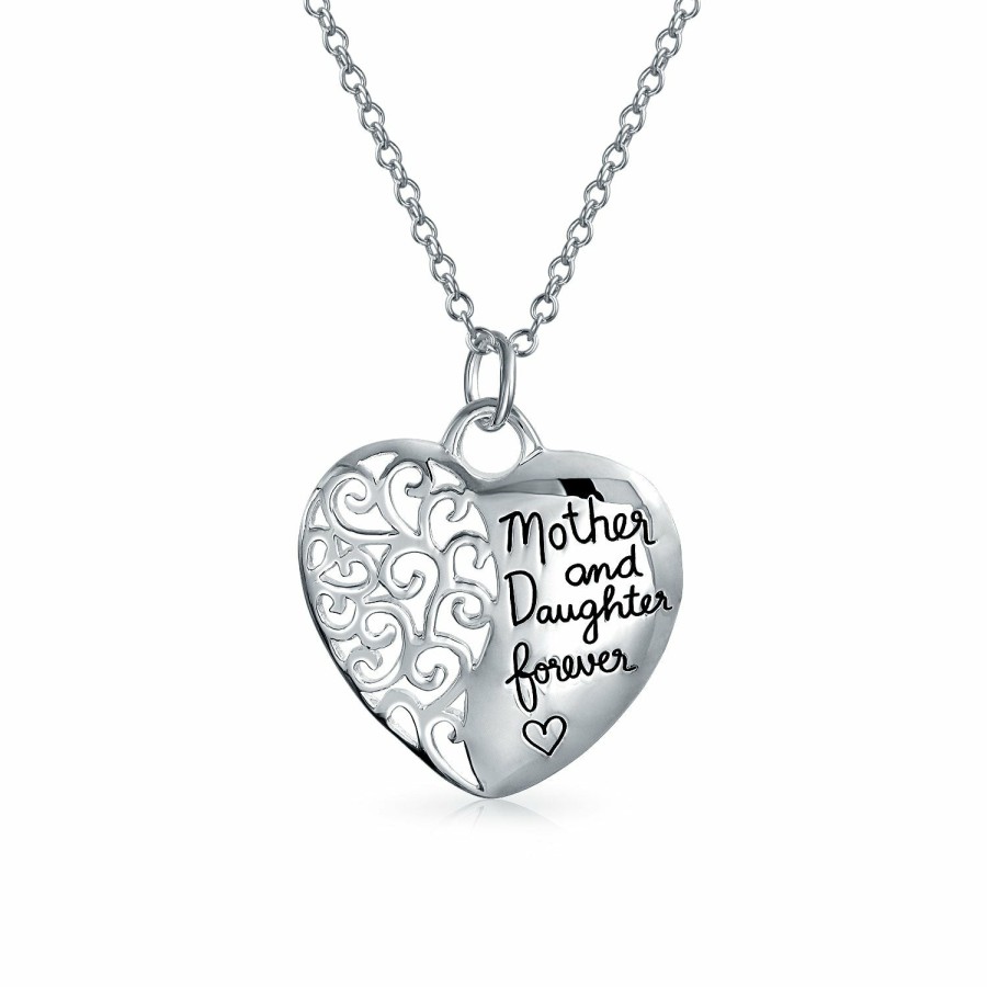 Shop Women Bling Jewelry Pendant Necklaces | Word Quote Mother Daughter Forever Heart Pendant Necklace .925 Silver