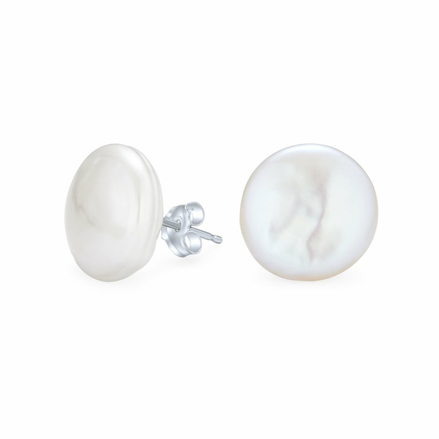 Shop Women Bling Jewelry Stud Earrings | White Biwa Coin Freshwater Cultured Pearl Stud Earrings .925 Silver