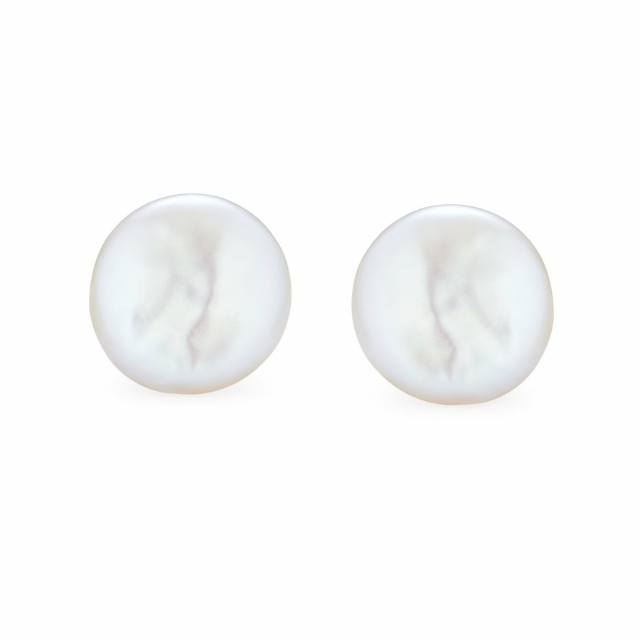 Shop Women Bling Jewelry Stud Earrings | White Biwa Coin Freshwater Cultured Pearl Stud Earrings .925 Silver