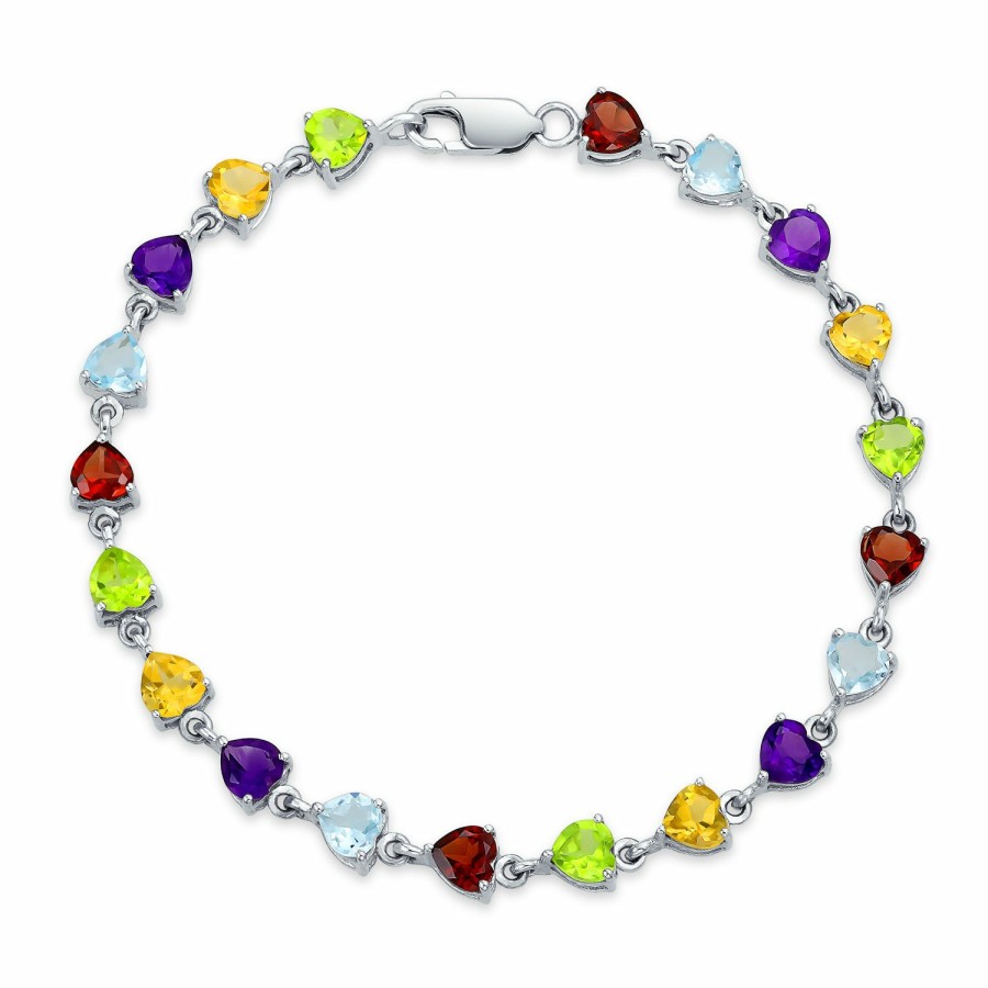 Shop Women Bling Jewelry Tennis Bracelets | Multi Color Natural Gemstone Heart Shaped Tennis Bracelet .925 Silver 7 Inch