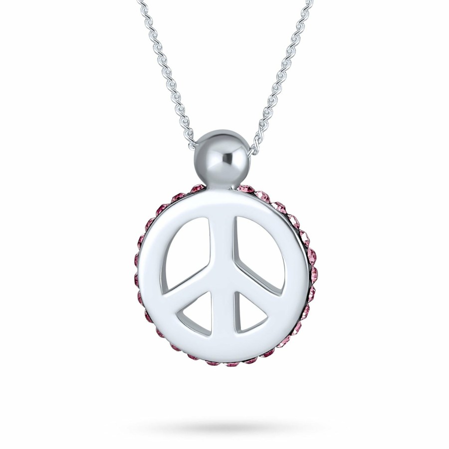 Shop Women Bling Jewelry Delicate Pendant Necklaces | Peace Pendant Pink Crystal Edge Charm Sterling Silver Necklace 18 In