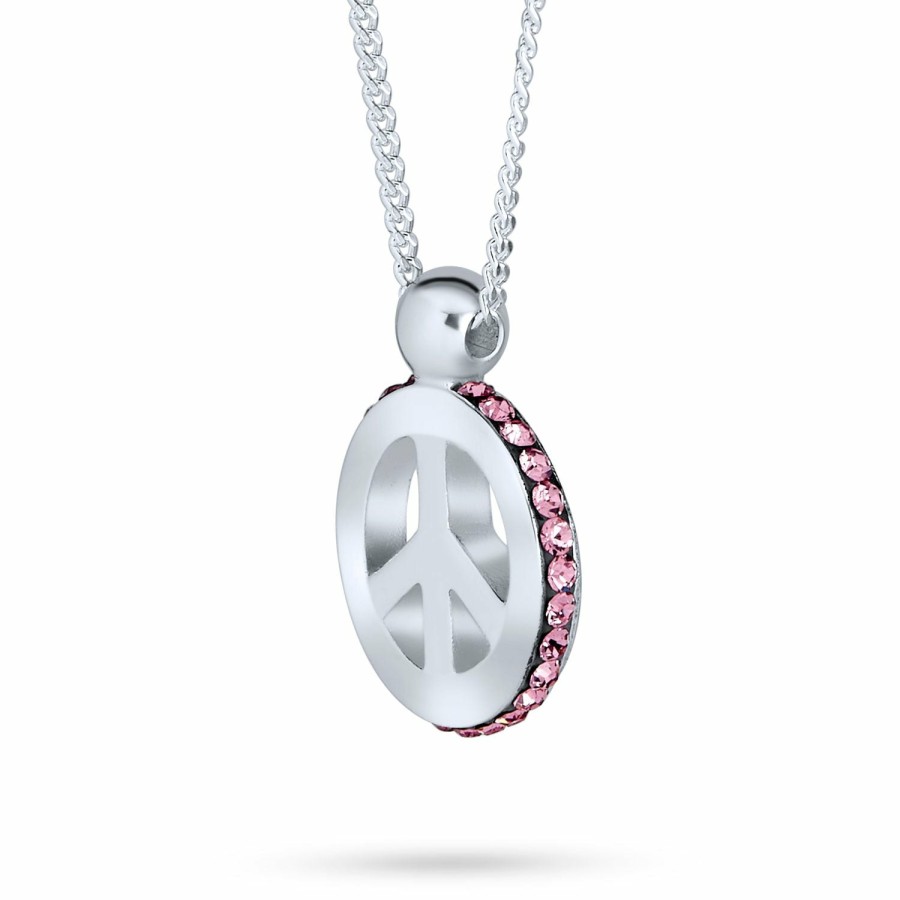 Shop Women Bling Jewelry Delicate Pendant Necklaces | Peace Pendant Pink Crystal Edge Charm Sterling Silver Necklace 18 In