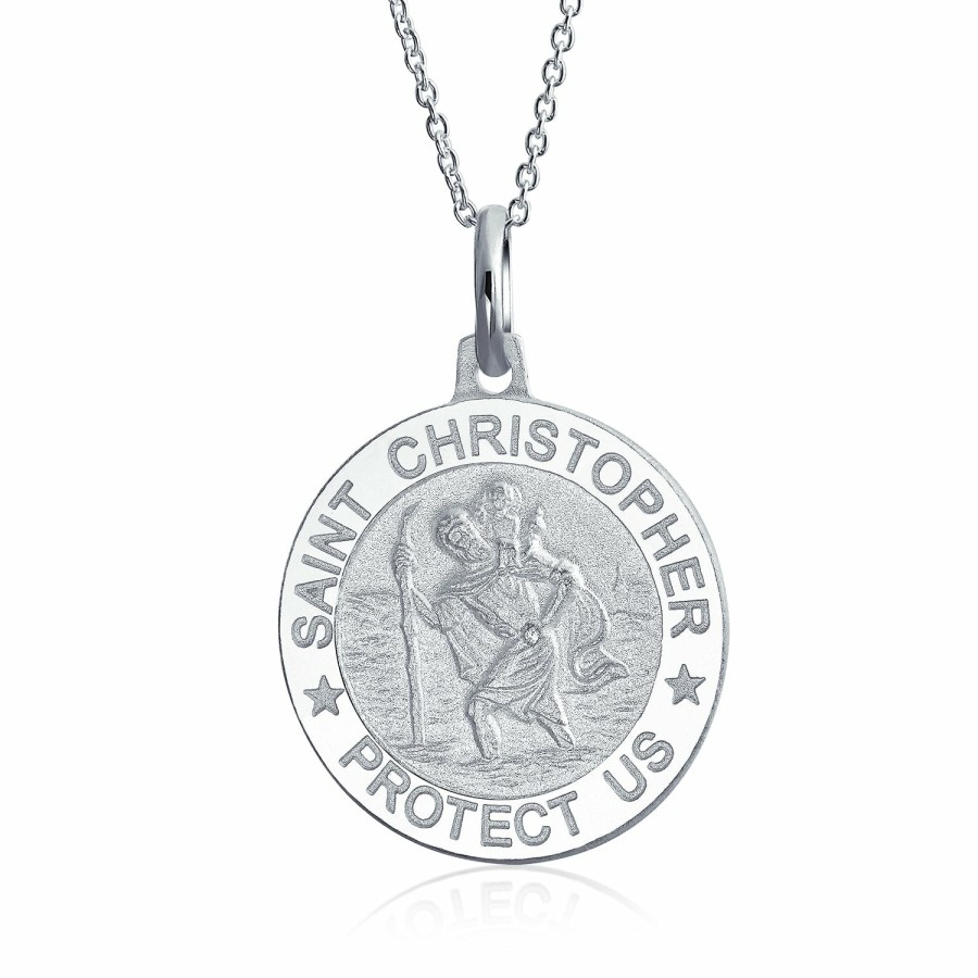 Shop Women Bling Jewelry Engravable Necklaces | Saint Joseph Christopher Jude Jesus Michael Medal Pendant Necklace .925 Silver