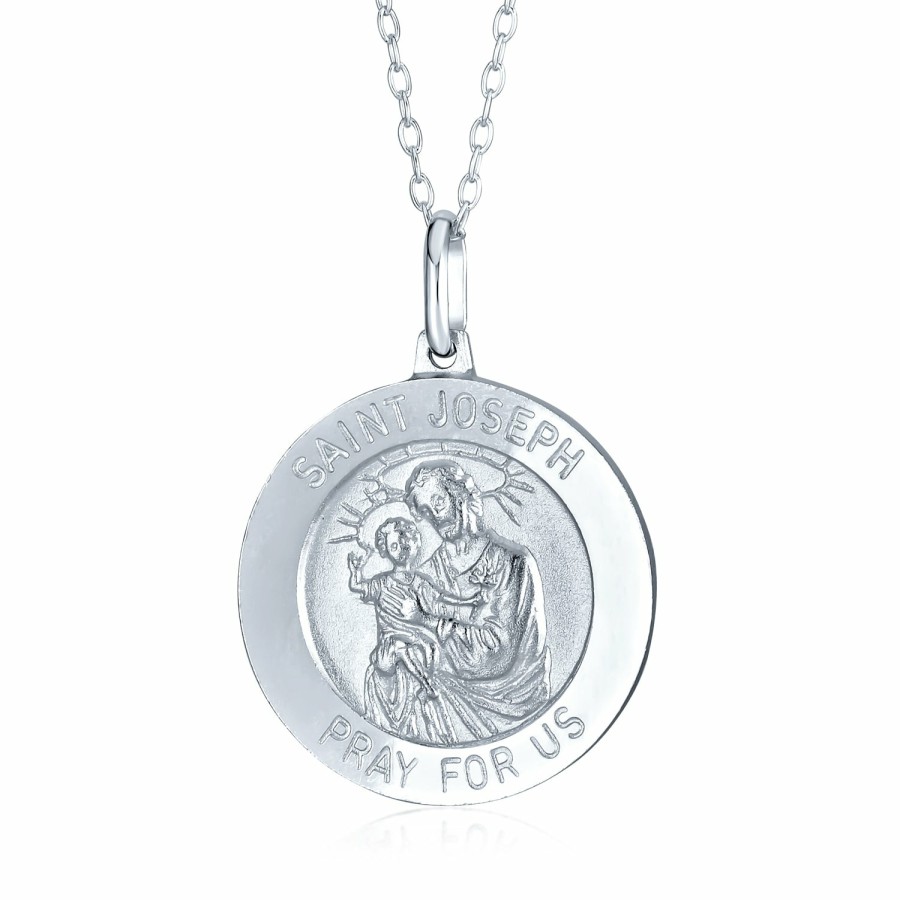 Shop Women Bling Jewelry Engravable Necklaces | Saint Joseph Christopher Jude Jesus Michael Medal Pendant Necklace .925 Silver