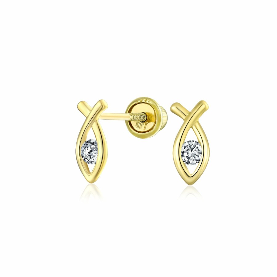 Shop Women Bling Jewelry | Religious Crucifix Cross Jesus Fish Stud Earrings Cz Real 14K