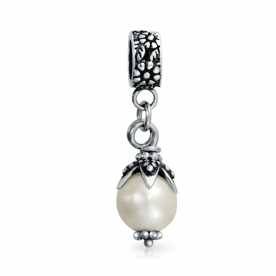 Shop Women Bling Jewelry Unique Charms | Flower White Simulated Pearl Dangle Spacer Bead Charm Sterling Silver