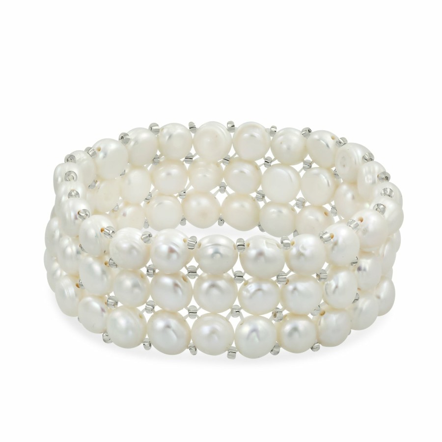 Shop Women Bling Jewelry Wrap Stretch Bracelets | Flat Button Freshwater Cultured Pearl Triple Strand Stretch Bracelet