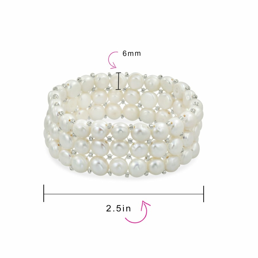 Shop Women Bling Jewelry Wrap Stretch Bracelets | Flat Button Freshwater Cultured Pearl Triple Strand Stretch Bracelet