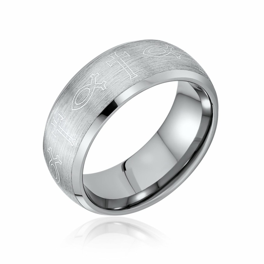 Shop Men Bling Jewelry Mens Rings | Ichthys Jesus Fish Cross Wedding Band Titanium Ring For Men Matte 8Mm Silver