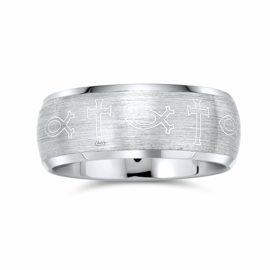 Shop Men Bling Jewelry Mens Rings | Ichthys Jesus Fish Cross Wedding Band Titanium Ring For Men Matte 8Mm Silver