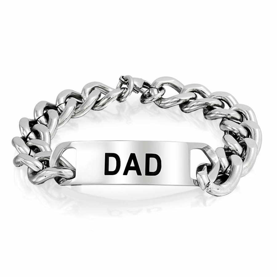 Shop Men Bling Jewelry Mens Engravable Bracelets | Dad Daddy Name Plated Bicycle Chain Bike Id Bracelet Stainless Steel