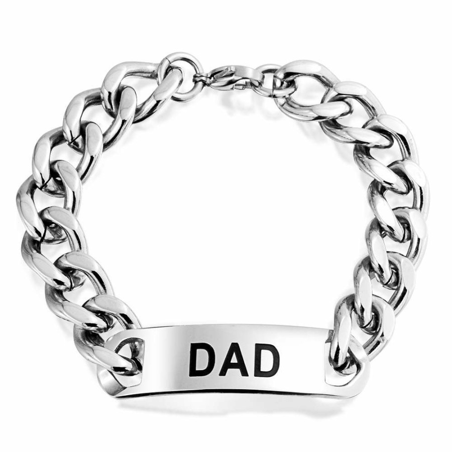 Shop Men Bling Jewelry Mens Engravable Bracelets | Dad Daddy Name Plated Bicycle Chain Bike Id Bracelet Stainless Steel