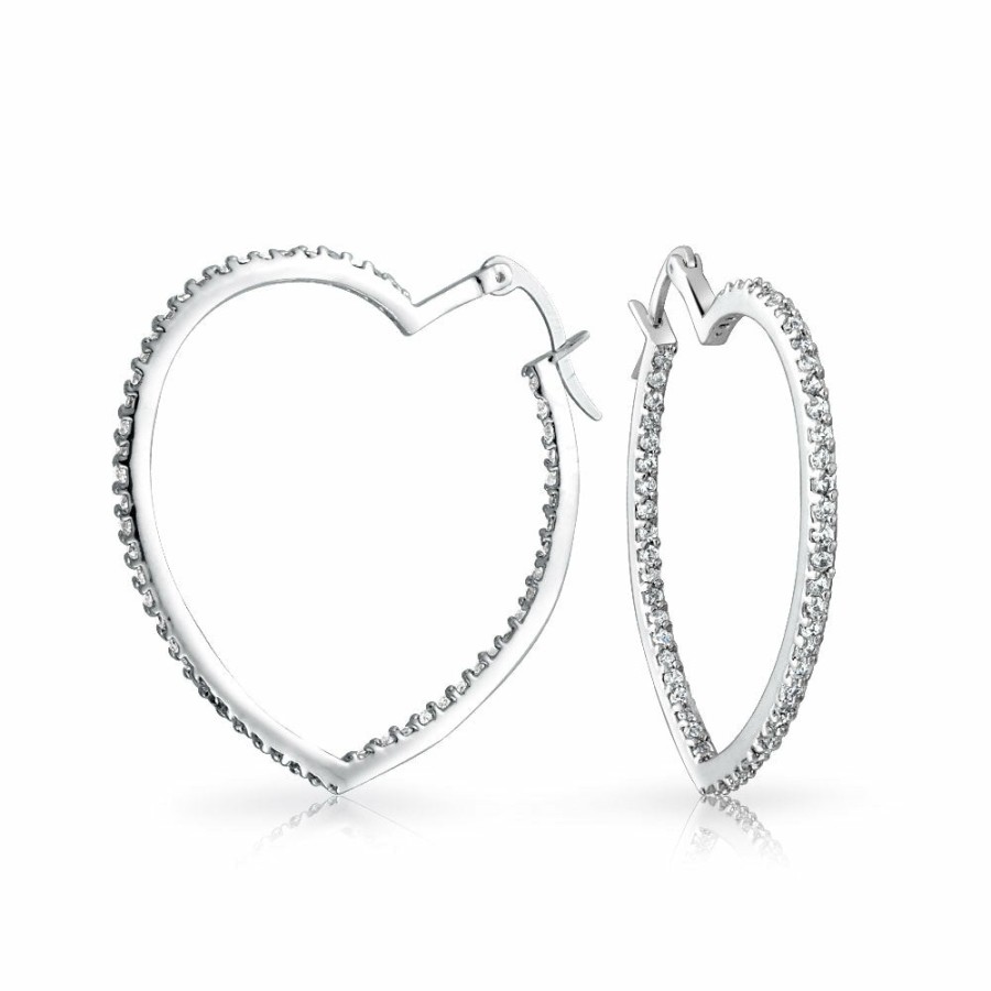 Shop Women Bling Jewelry Hoops Huggies Earrings | Heart Inside Out Cubic Zirconia Pave Cz Hoop Earrings Silver Tone