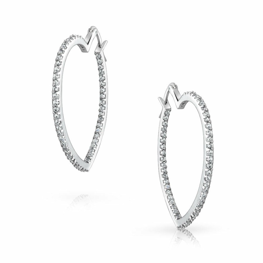 Shop Women Bling Jewelry Hoops Huggies Earrings | Heart Inside Out Cubic Zirconia Pave Cz Hoop Earrings Silver Tone