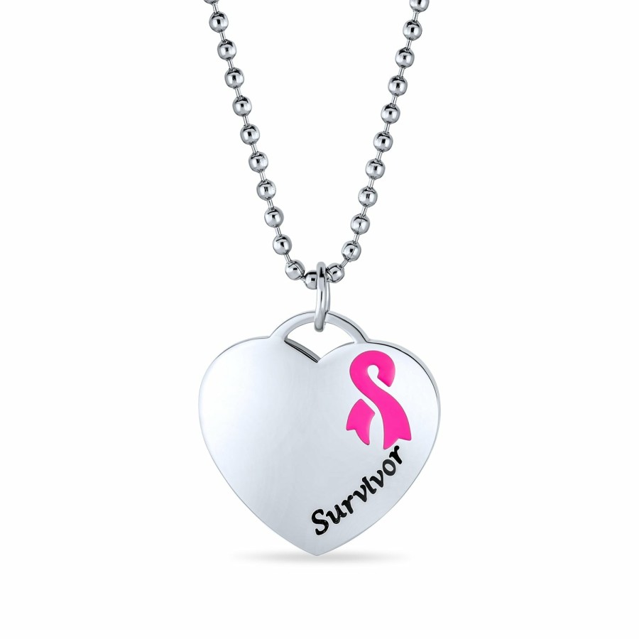 Shop Women Bling Jewelry Engravable Bracelets | Heart Tag Breast Cancer Survivor Stretch Bracelet Pendant Steel